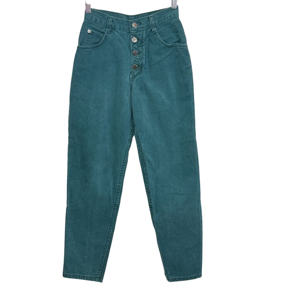 Bonjour Vintage Womens High-Waisted Button-Fly Tapered Denim Pants Green